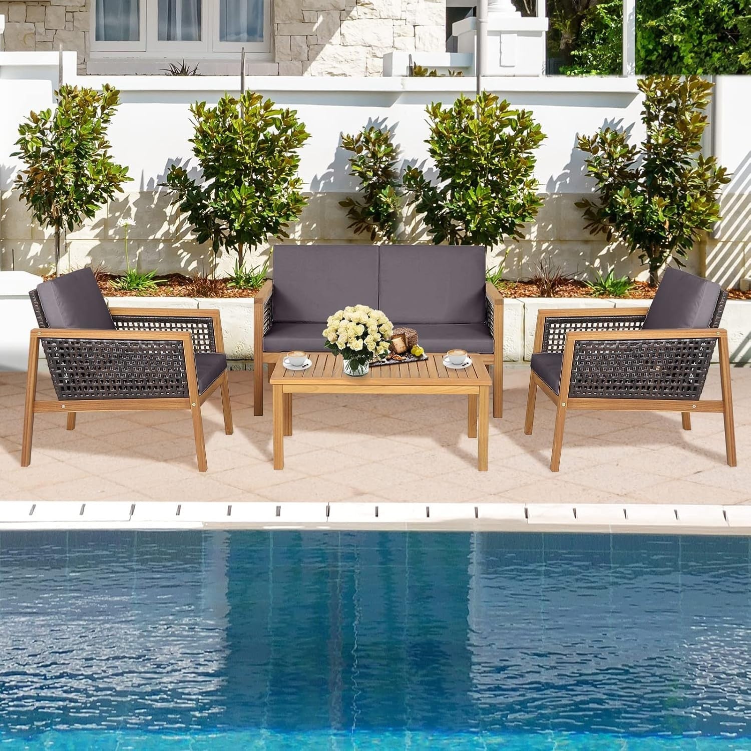 Rattan Garden Furniture Set 4PC Outdoor Patio Sofa Set with Coffee Table