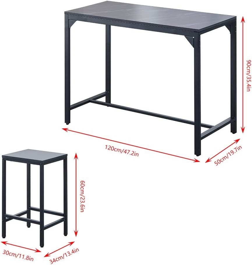 5 Piece Bar Table Set with 4 Stools Marble Effect Kitchen Dining Set