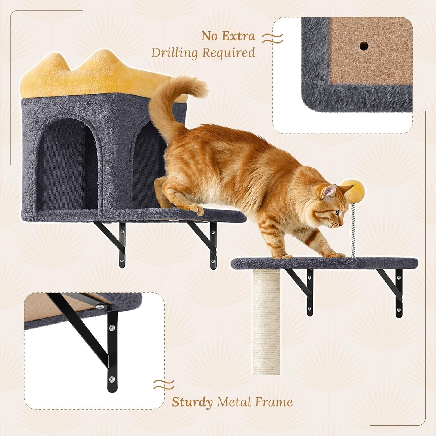 Wall Mounted Cat Shelves Climbing Set with Scratching Posts Perches Dark Grey