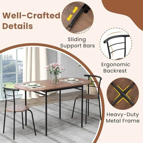 3PCS Folding Dining Table Set Rustic Brown Drop Leaf Chairs Space-Saving