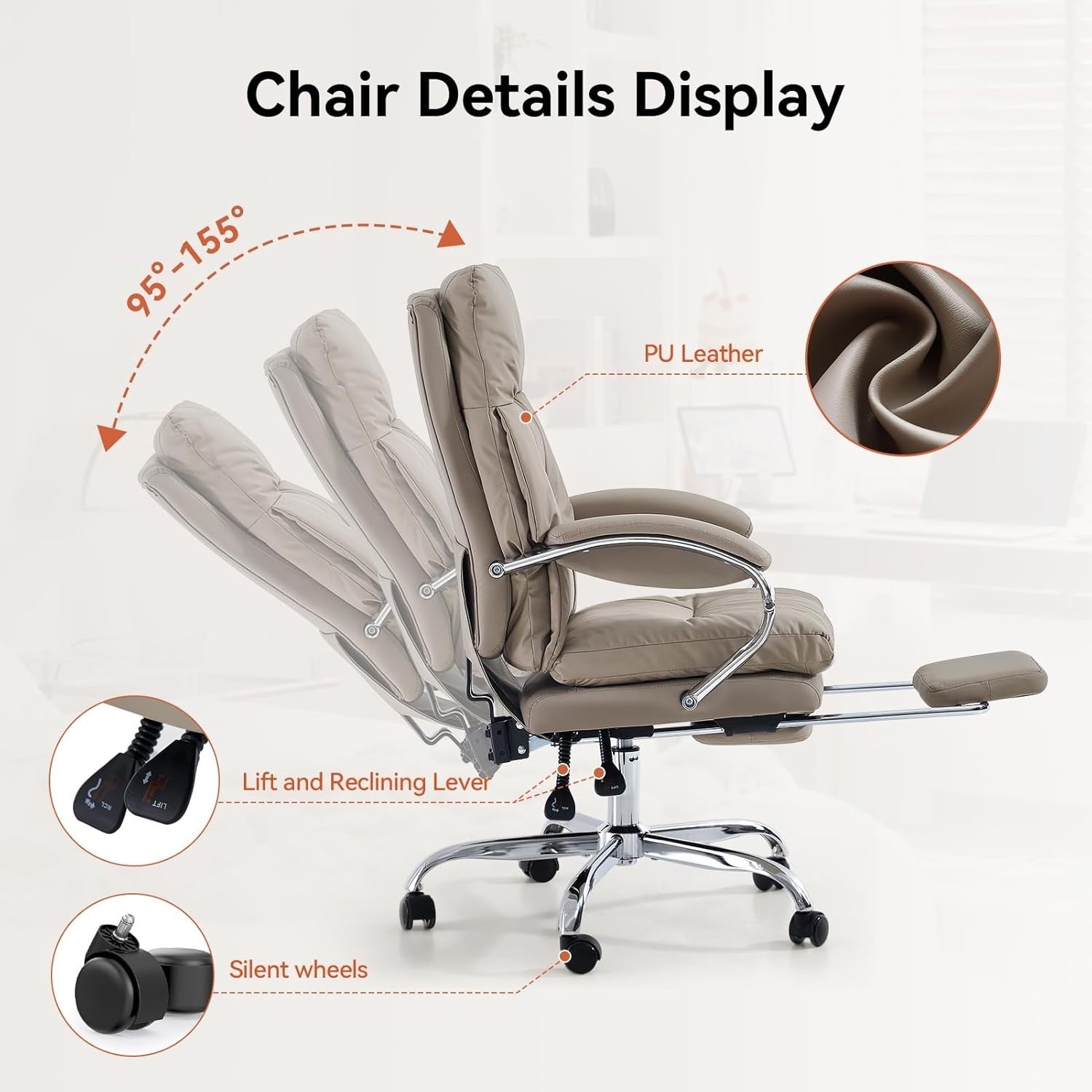 Khaki High Back Office Chair Reclining Executive Desk Chair w/Footrest Pillow