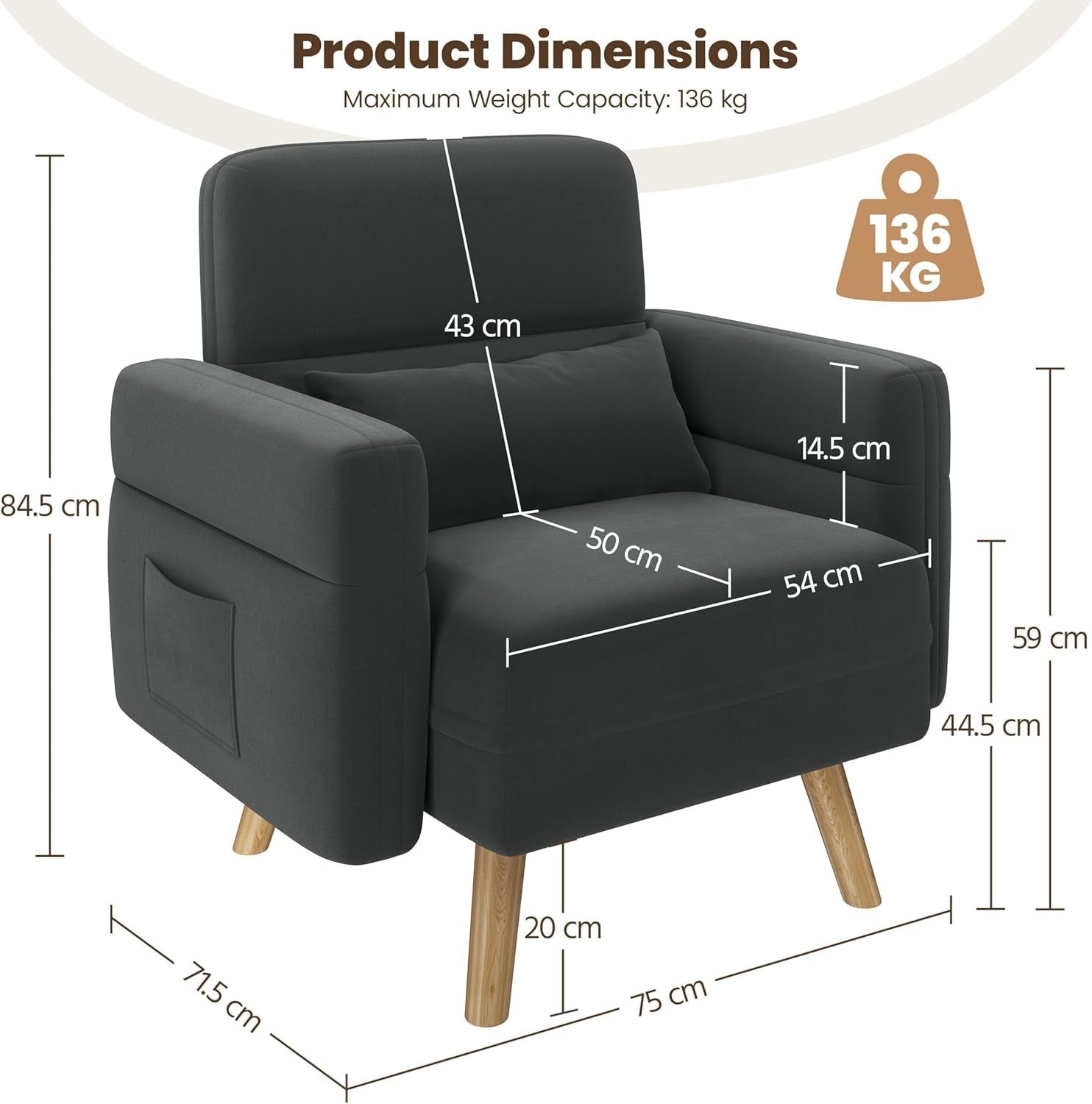 Modern Fabric Tub Armchair with Lumbar Pillow Side Pockets Grey