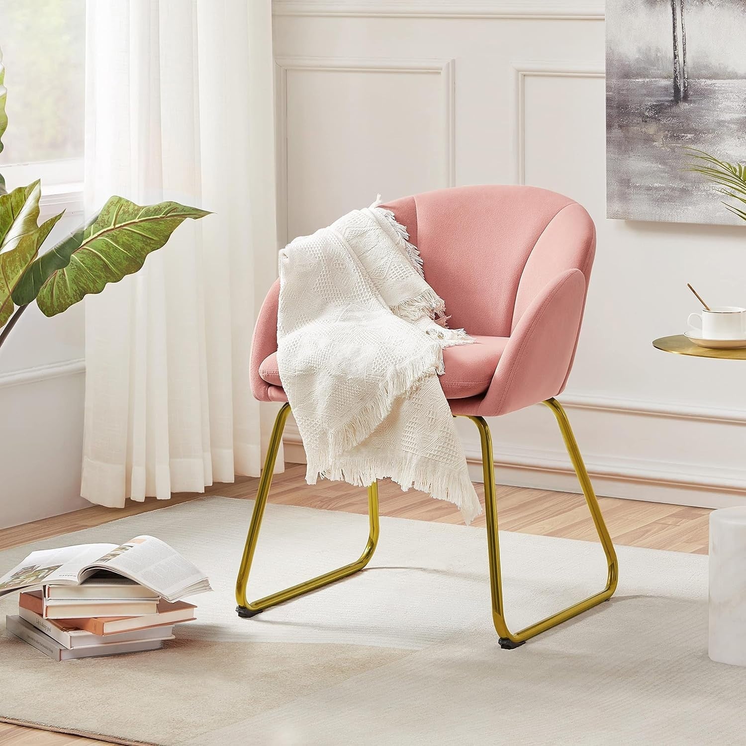 Pink Velvet Tub Vanity Chair Petal Accent Armchair with Gold Metal Legs