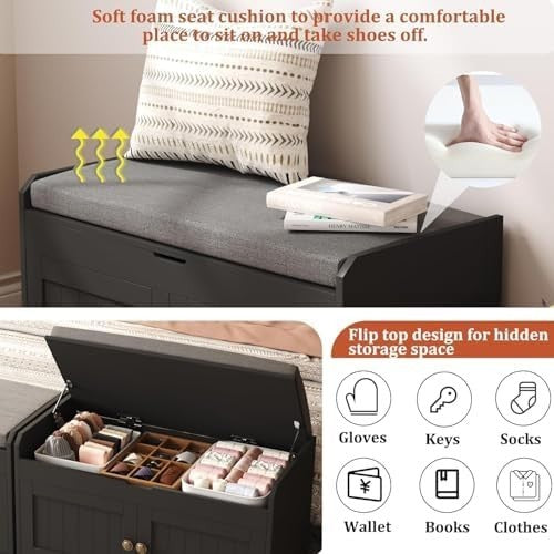 Black Shoe Storage Bench with Cushion Seat 2-Door Cabinet Entryway 76x39x46cm