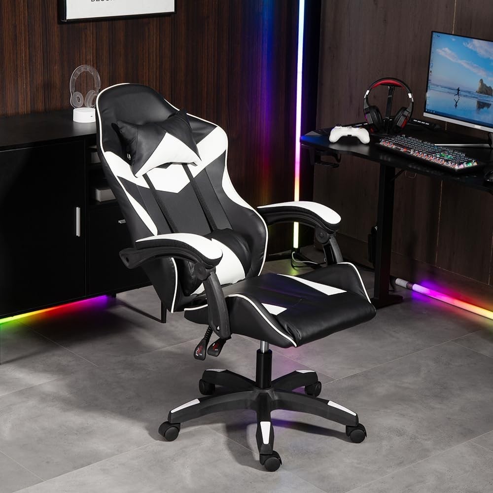 Gaming Chair White Faux Leather Recliner Swivel Ergonomic Lumbar Support New