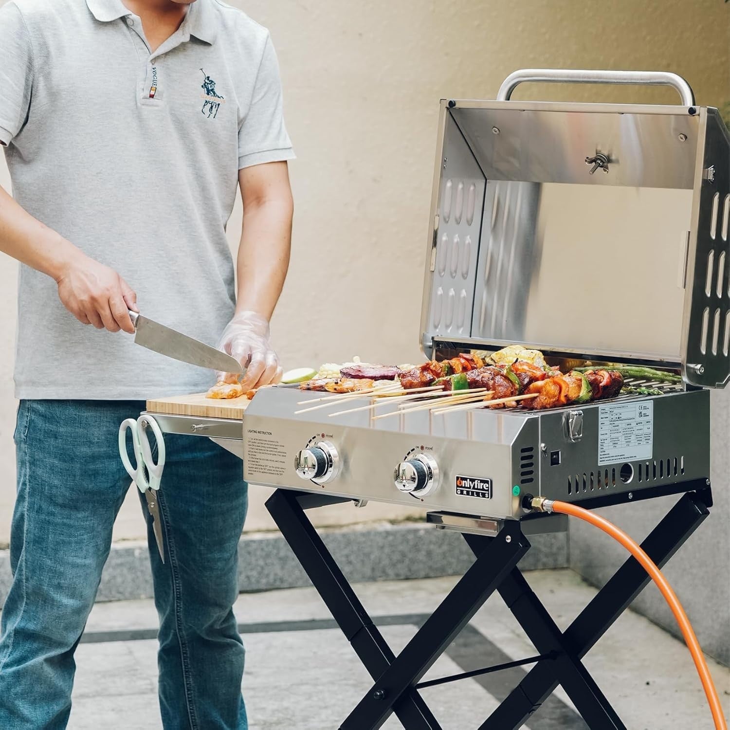 2 Burner Portable Gas BBQ Grill with Folding Trolley, Lid & Thermometer Outdoor