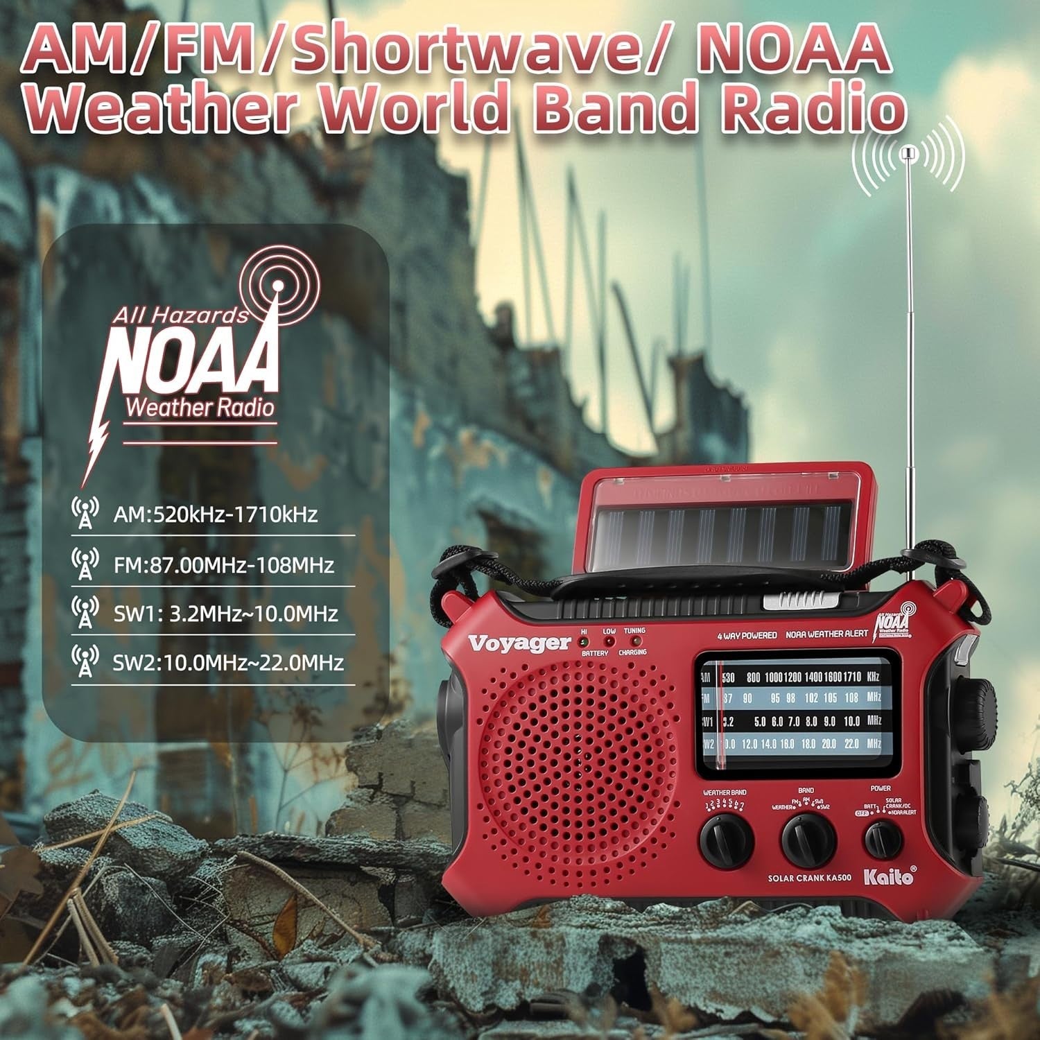 Emergency Weather Alert Radio Solar Hand Crank AM FM SW 7 Band Red