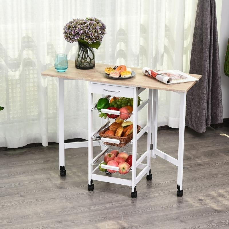 Drop Leaf Kitchen Trolley Cart with Baskets Drawer & Wheels Oak White