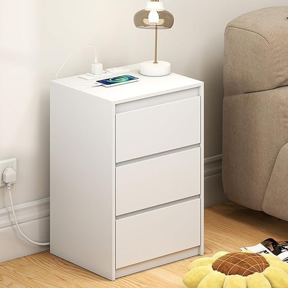 White Bedside Table with 3 Drawers & Charging Ports, Modern Wooden Nightstand
