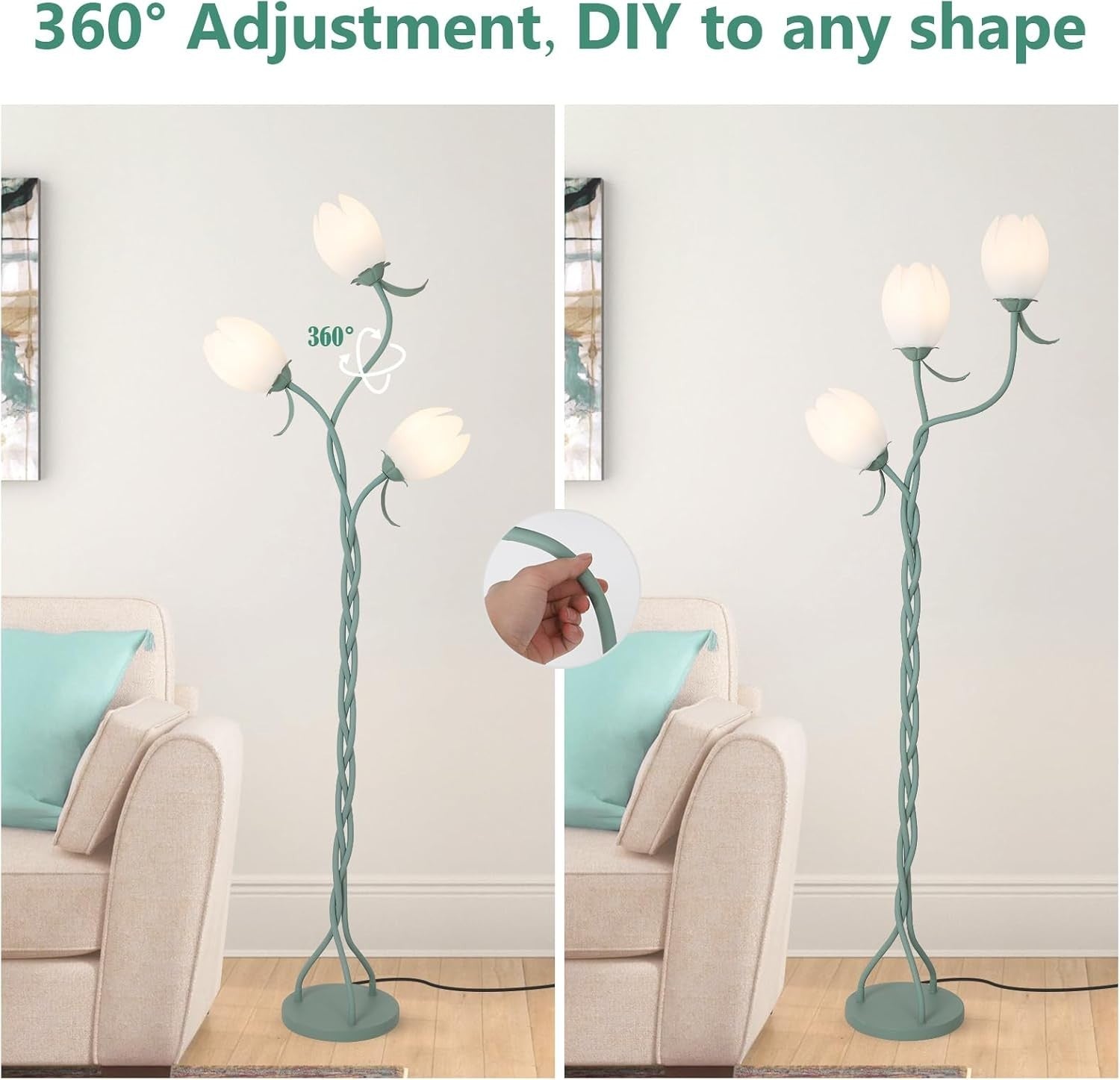 3-Light Floor Lamp Tulip Shades Adjustable LED Standing Lamp for Living Room
