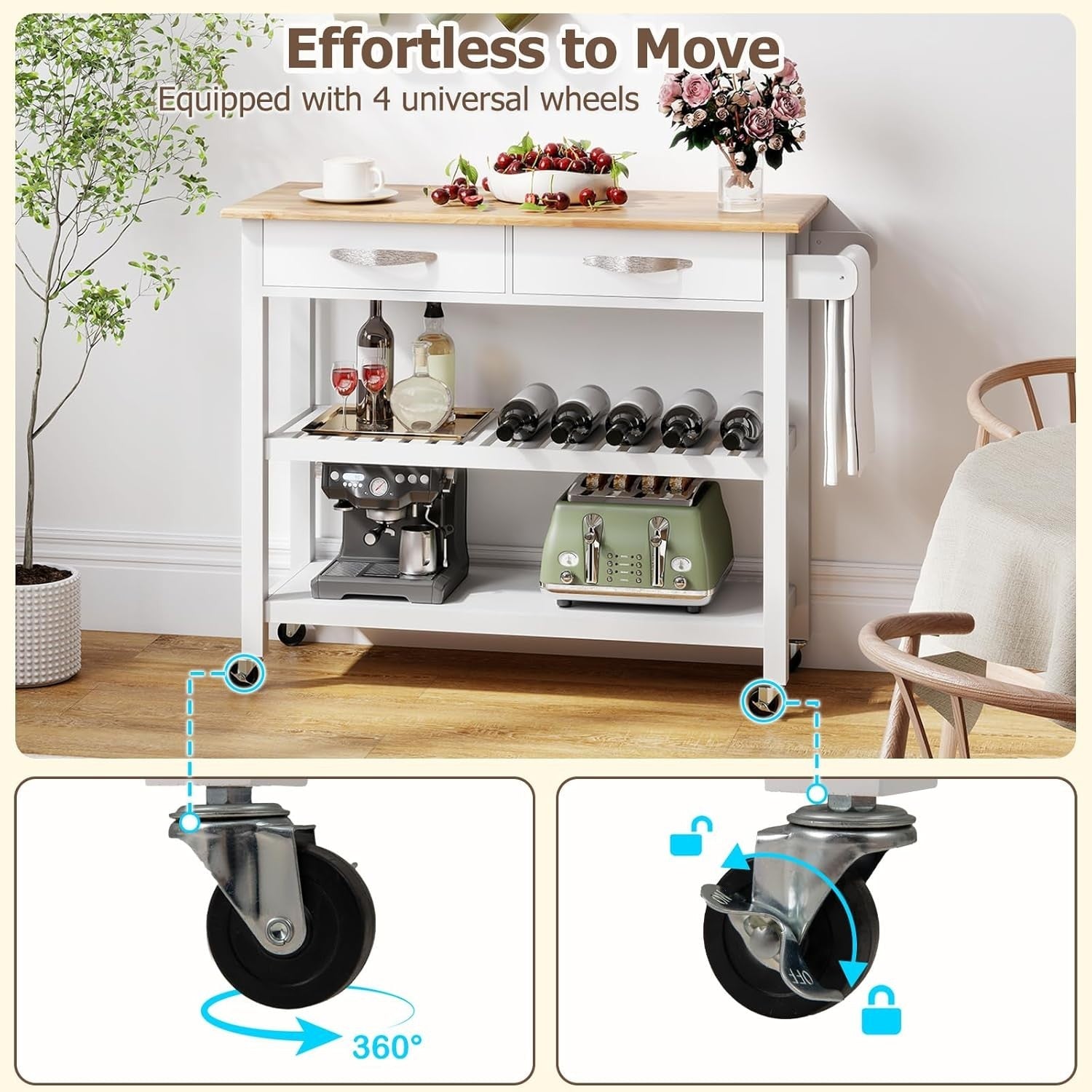 116cm Kitchen Island Cart Rubber Wood Top
