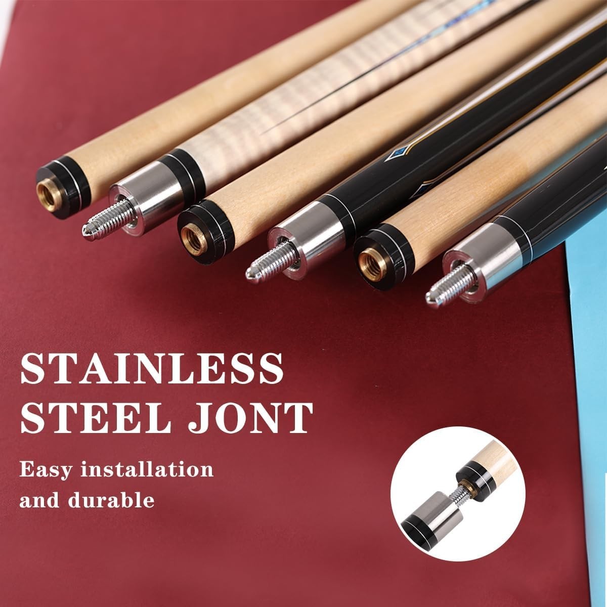 58in 2 Piece Maple Pool Cue 13mm Leather Tip 19/20oz Gift Kit