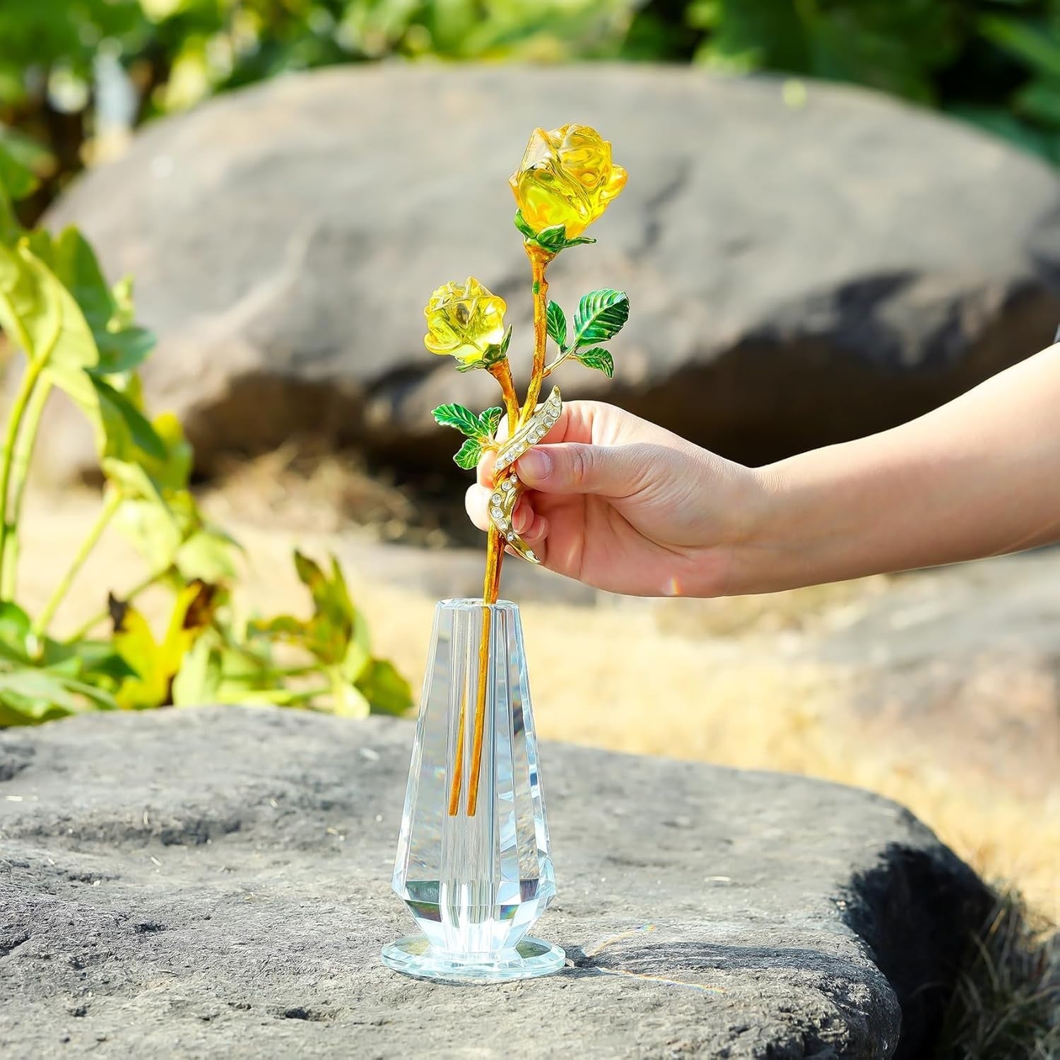Yellow Crystal Rose Ornament with Vase – Luxury Glass Flower Gift for Her Décor