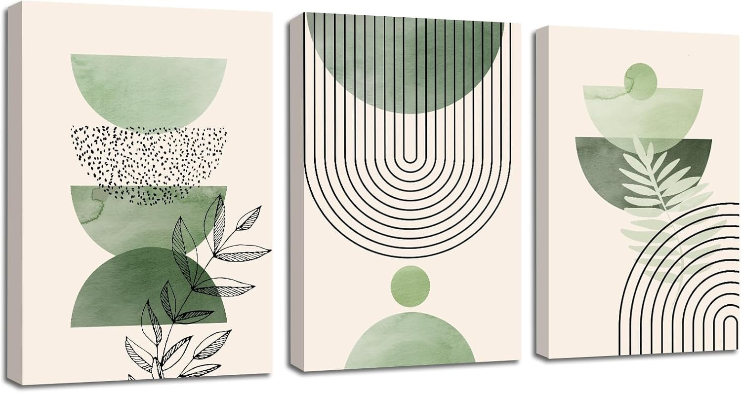 Sage Green Canvas Wall Art Set of 3 Framed Boho Plant Prints