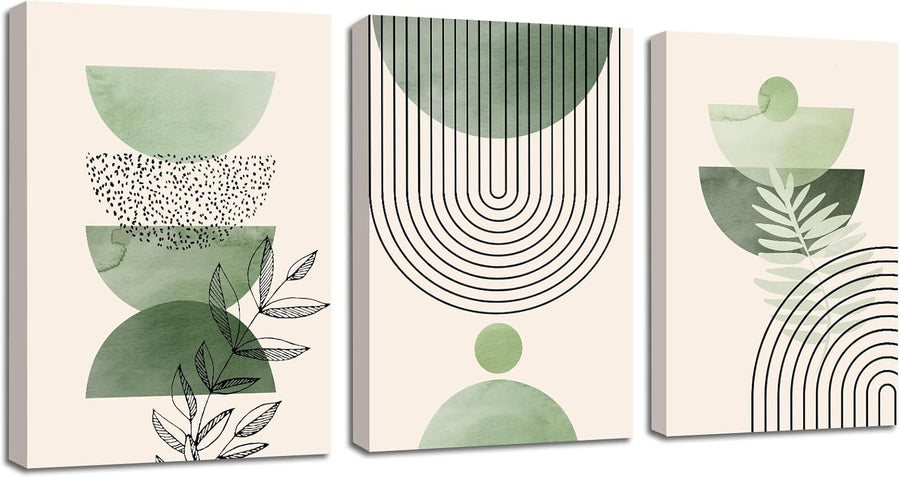 Sage Green Canvas Wall Art Set of 3 Framed Boho Plant Prints
