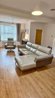 Large Grey Toned Leather Corner Sofa + Armchair (PTP)