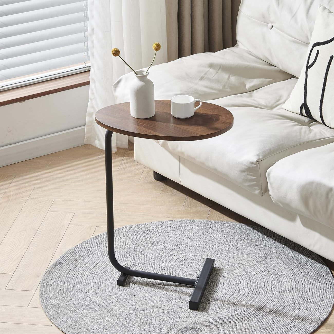 Space-Saving C-Shaped Side Table with Metal Frame for Sofa & Bedroom