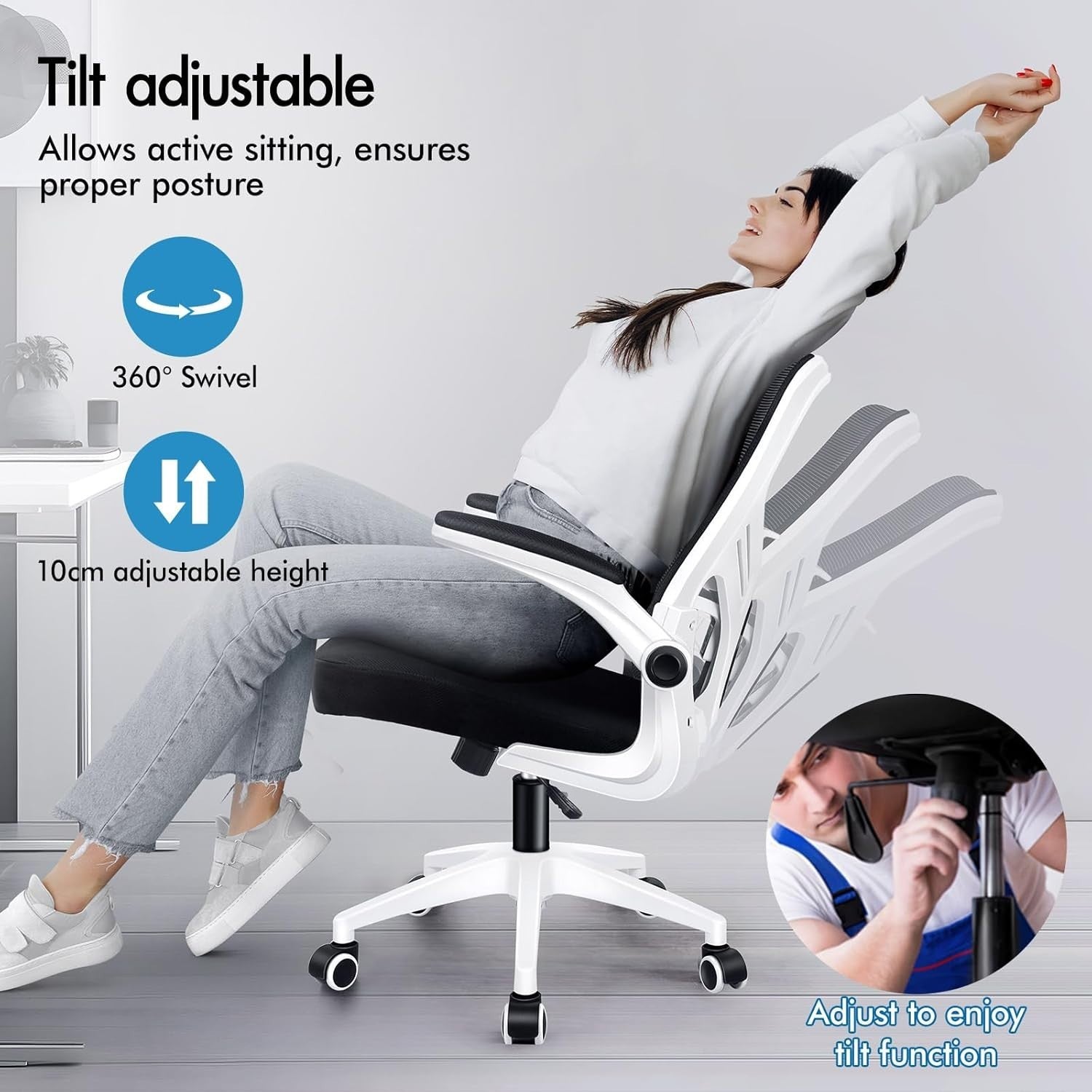 Ergonomic Office Chair Desk Computer Seat Mesh Back Flip Arms White & Black