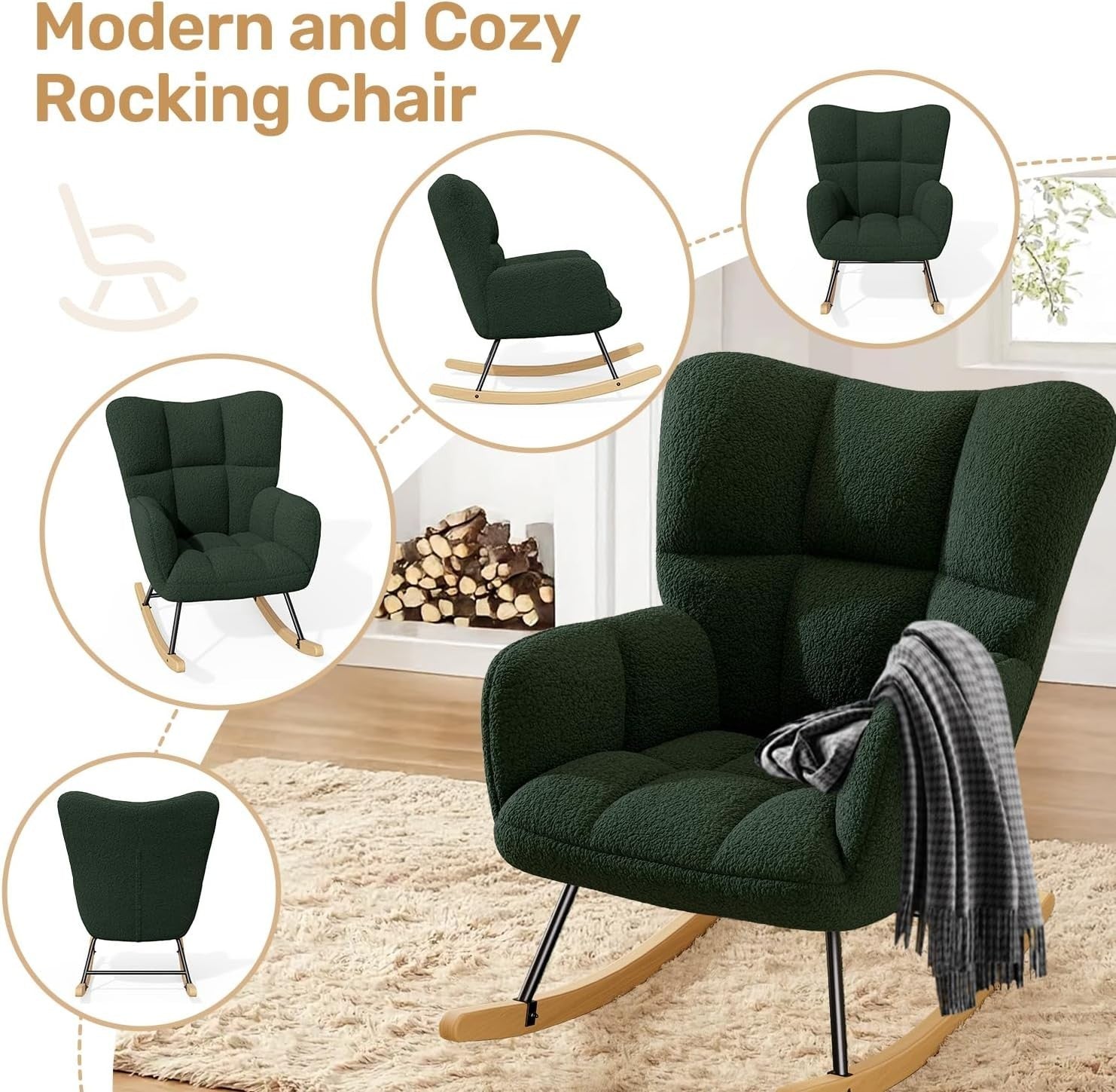 Green Lambswool Rocking Chair with High Back & Armrest - Comfy Nursery Seat