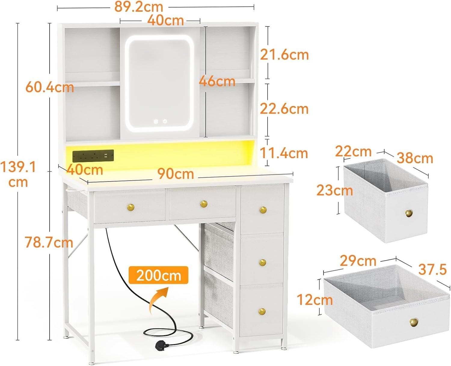 White LED Dressing Table Vanity Desk 5 Drawers RGB Power Outlet Makeup Storage