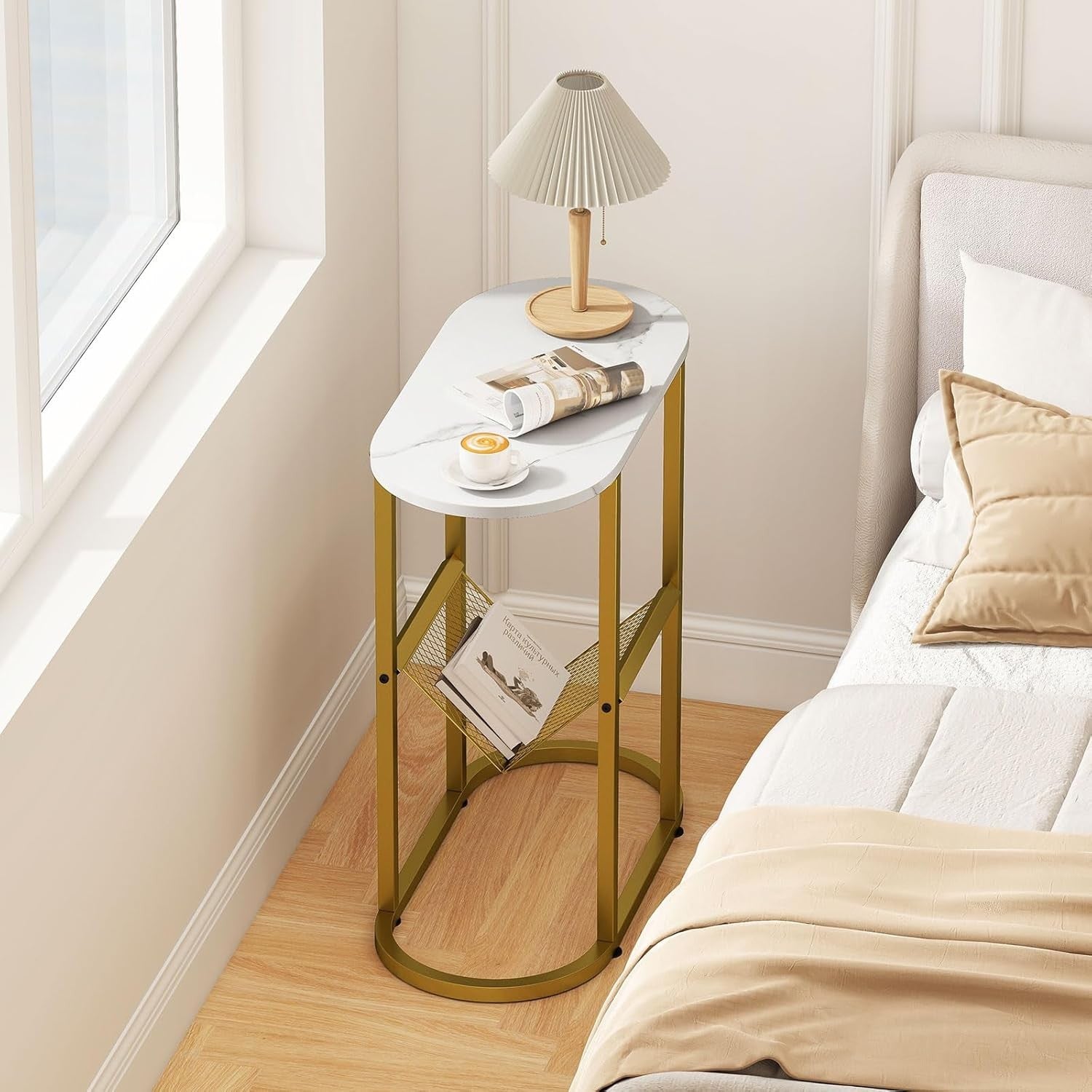 Slim Marble Oval Side Table with Shelf & Magazine Holder for Sofa & Bed