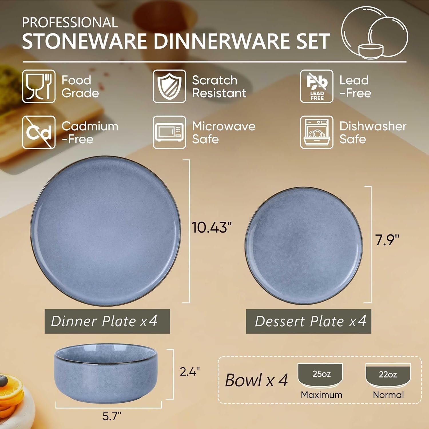 12pc Stoneware Dinner Set Plates Bowls Microwave Dishwasher Safe Blue