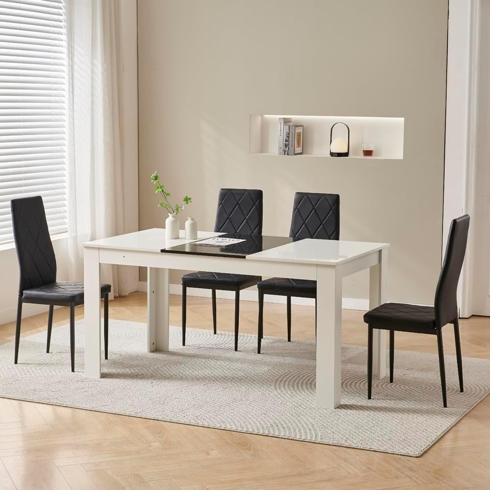 White Dining Table & 4 Black Leather Chairs | Space-Saving Modern Set