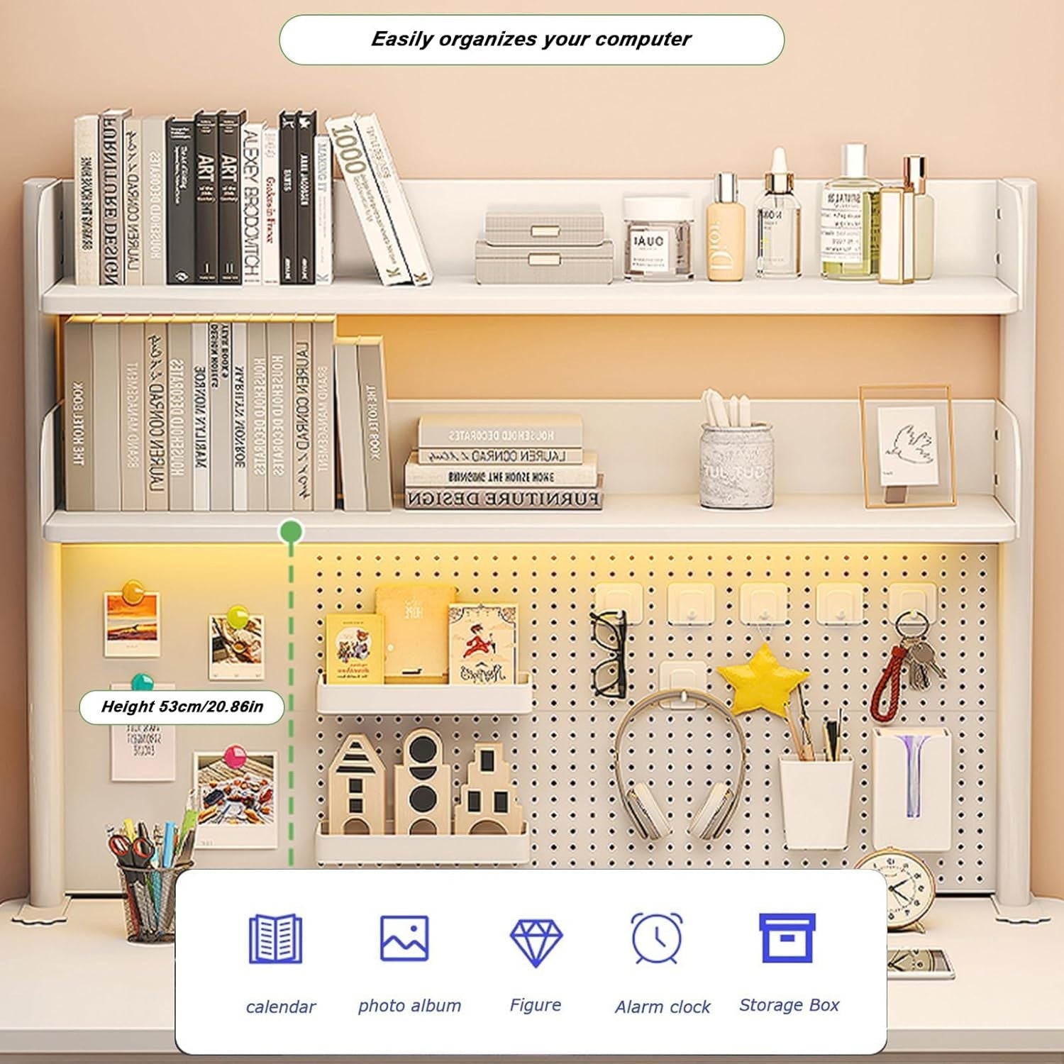 Clamp-On Desk Organizer Shelf 2-Tier White Pegboard Workstation Rack 80cm