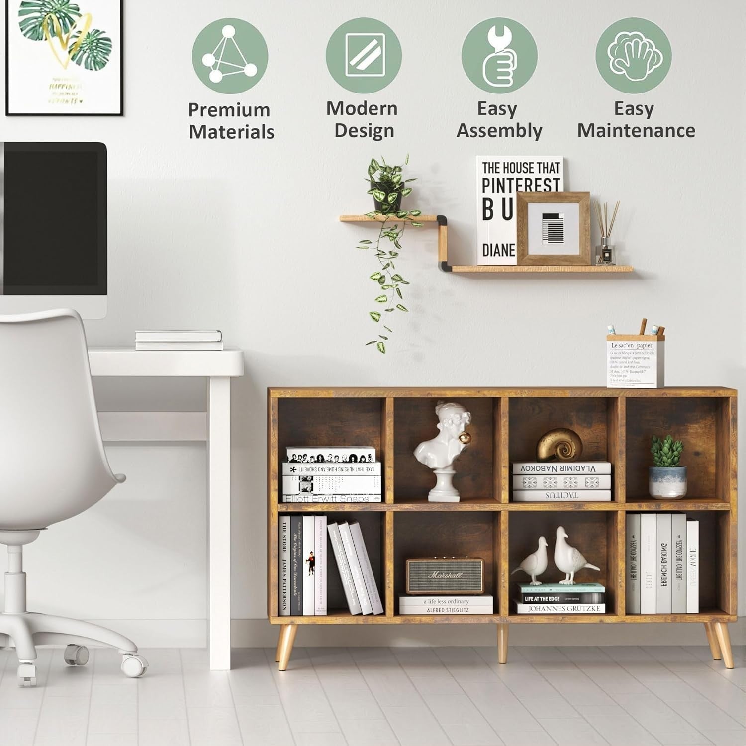 8 Cube Modern Bookcase with Legs Rustic Brown Wooden Storage Shelf 120cm