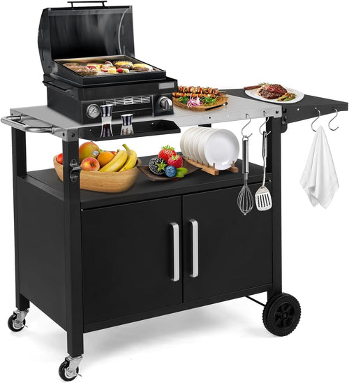 Outdoor Grill Cart BBQ Trolley Stainless Steel Top Cabinet Wheels Prep Table