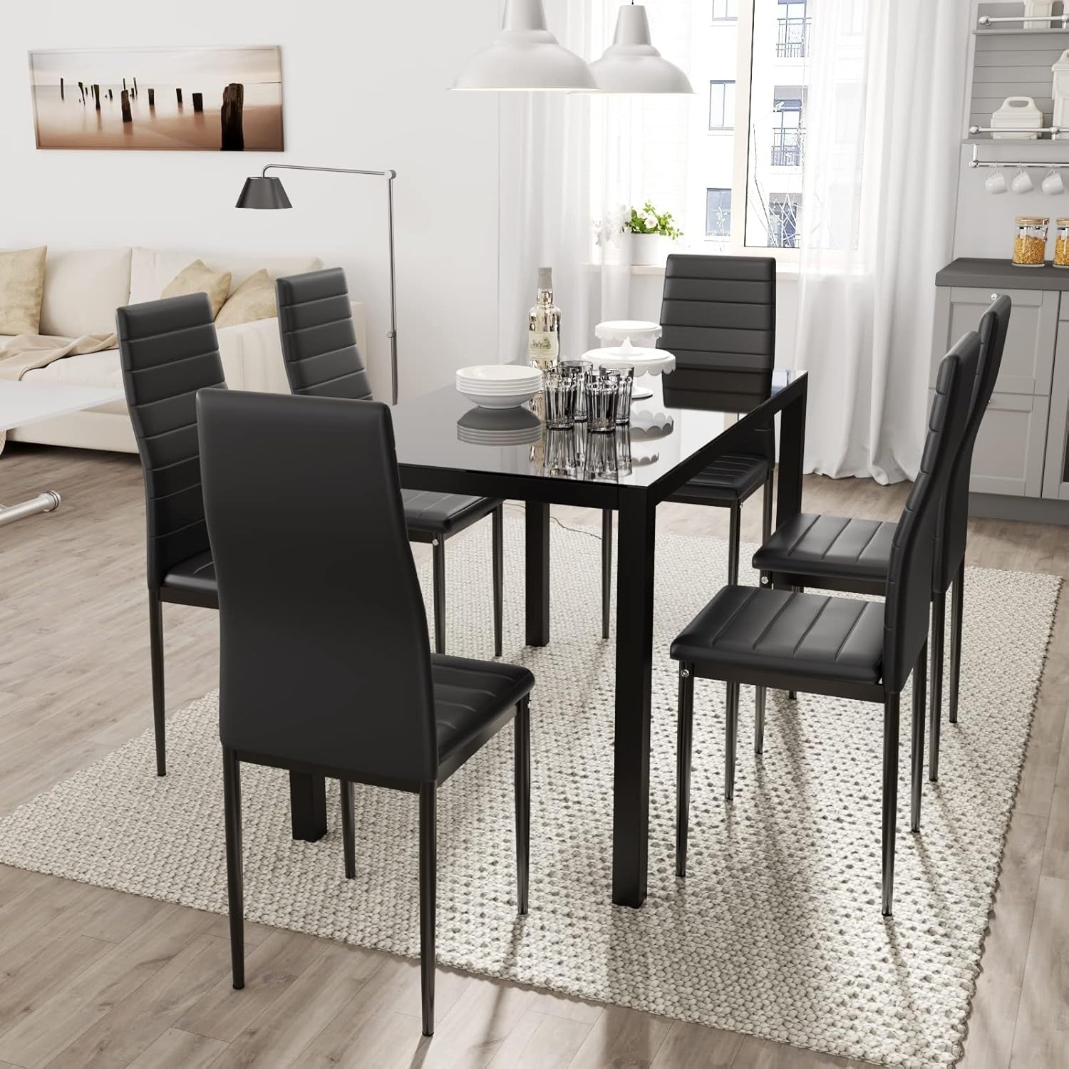 Modern 6-Seater Glass Dining Table with High Back Faux Leather Chairs