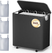 160L Large Rolling Laundry Hamper with Lid 2-Section Basket Removable Bags Black