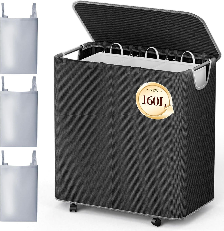 160L Large Rolling Laundry Hamper with Lid 2-Section Basket Removable Bags Black