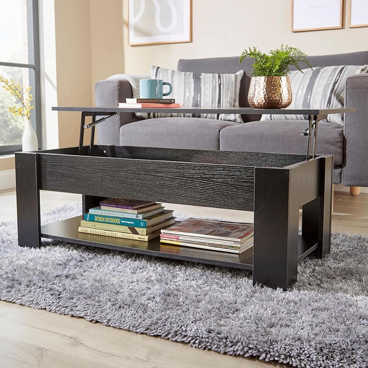 Lift Top Black Coffee Table 100x50cm with Hidden Storage & Magazine Shelf