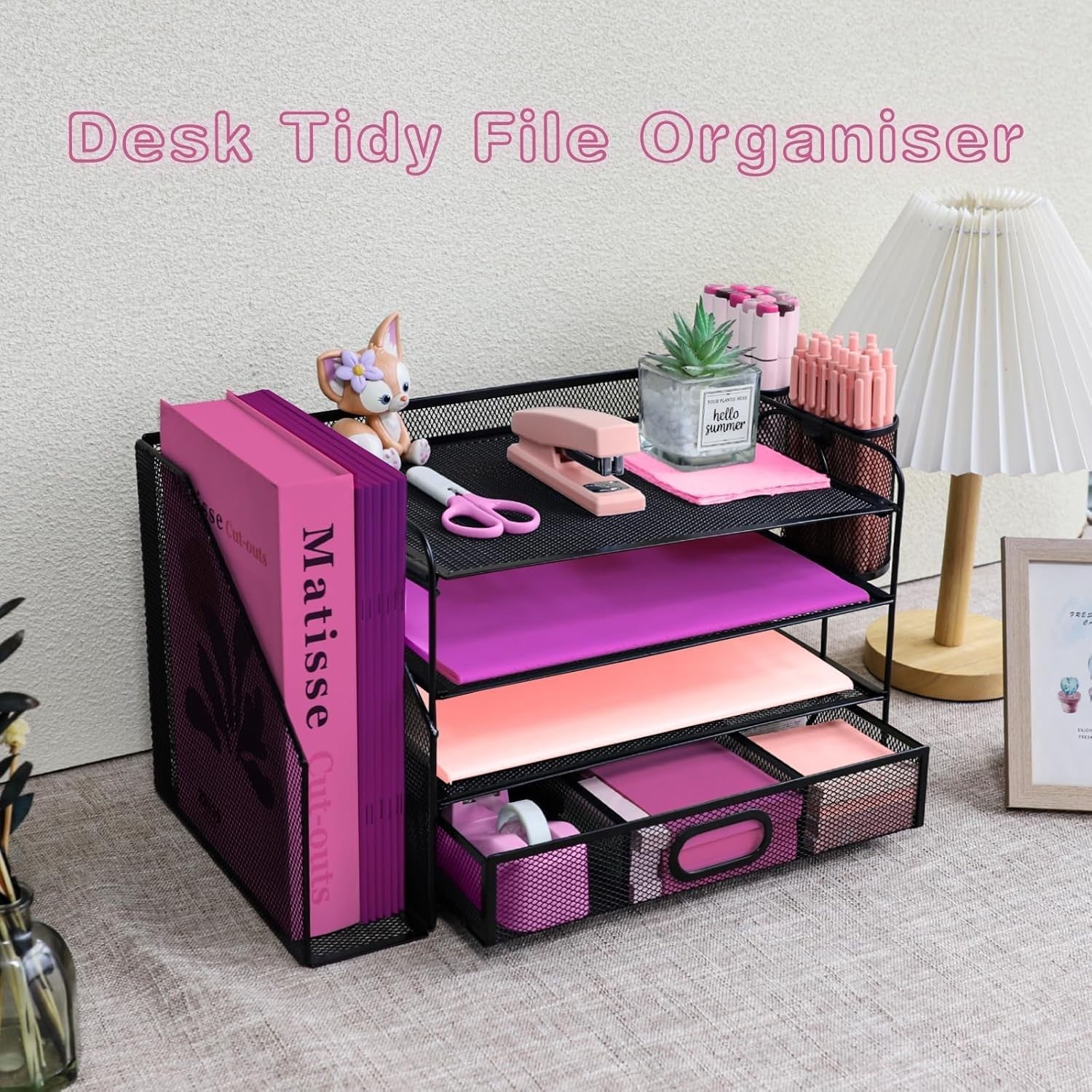 4-Tier Mesh Desk Organizer with Drawer & Pen Holders – Office File Tray