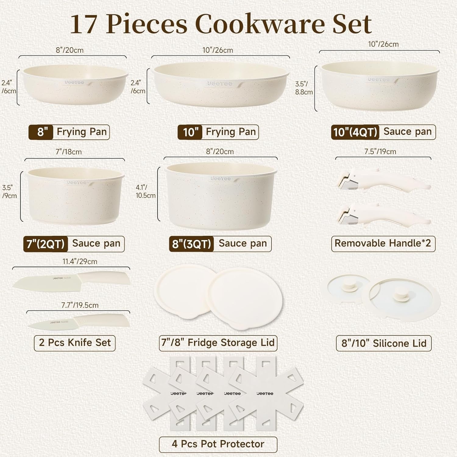 17pcs Beige Non Stick Cookware Set with Detachable Handles  Induction Oven Safe