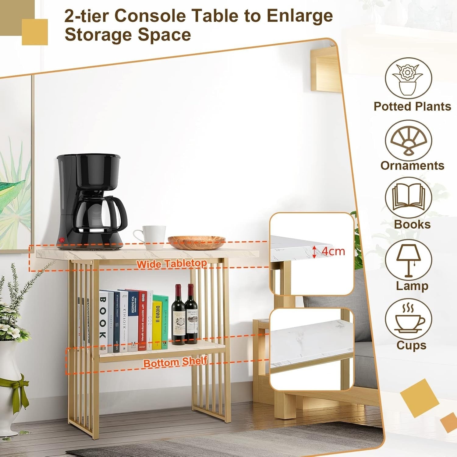 2-Tier Console Table Narrow Hallway Desk, Faux Marble Top, Gold Frame