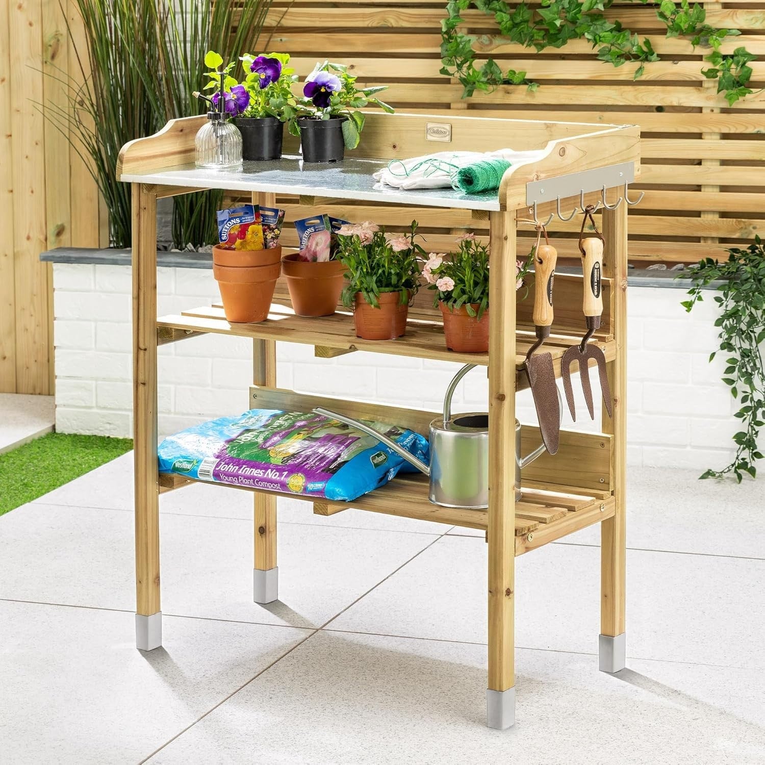 Wooden Garden Potting Table Bench Aluminium Top Shelves Hooks Outdoor