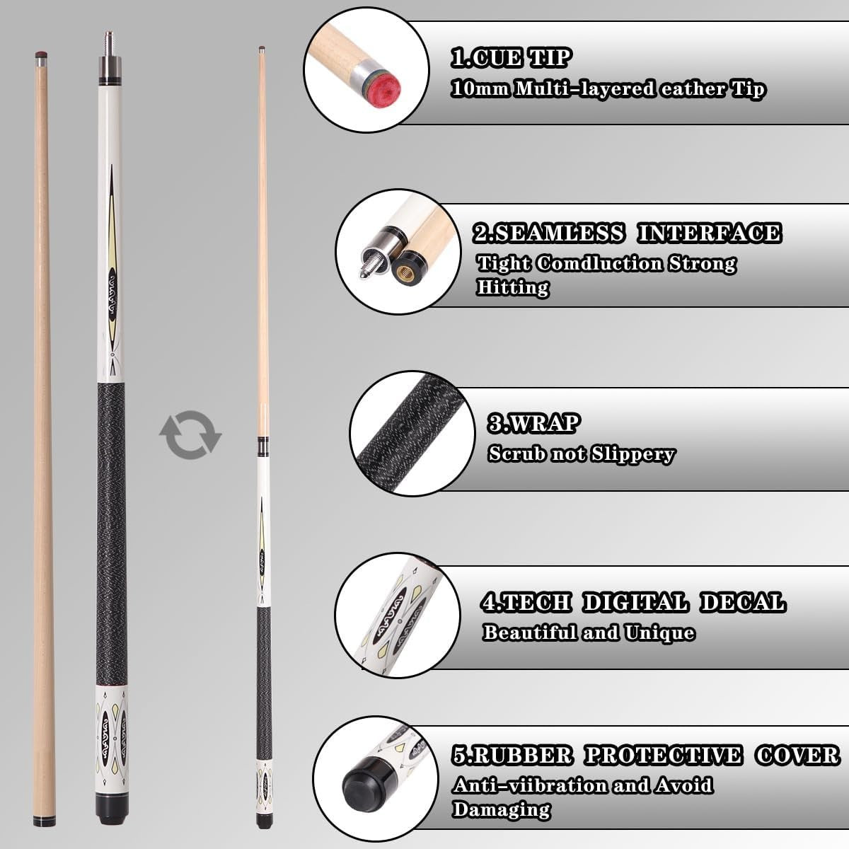 58in Canadian Maple Pool Cue 2pc Low Deflection 10mm–13mm Tip Adult Play