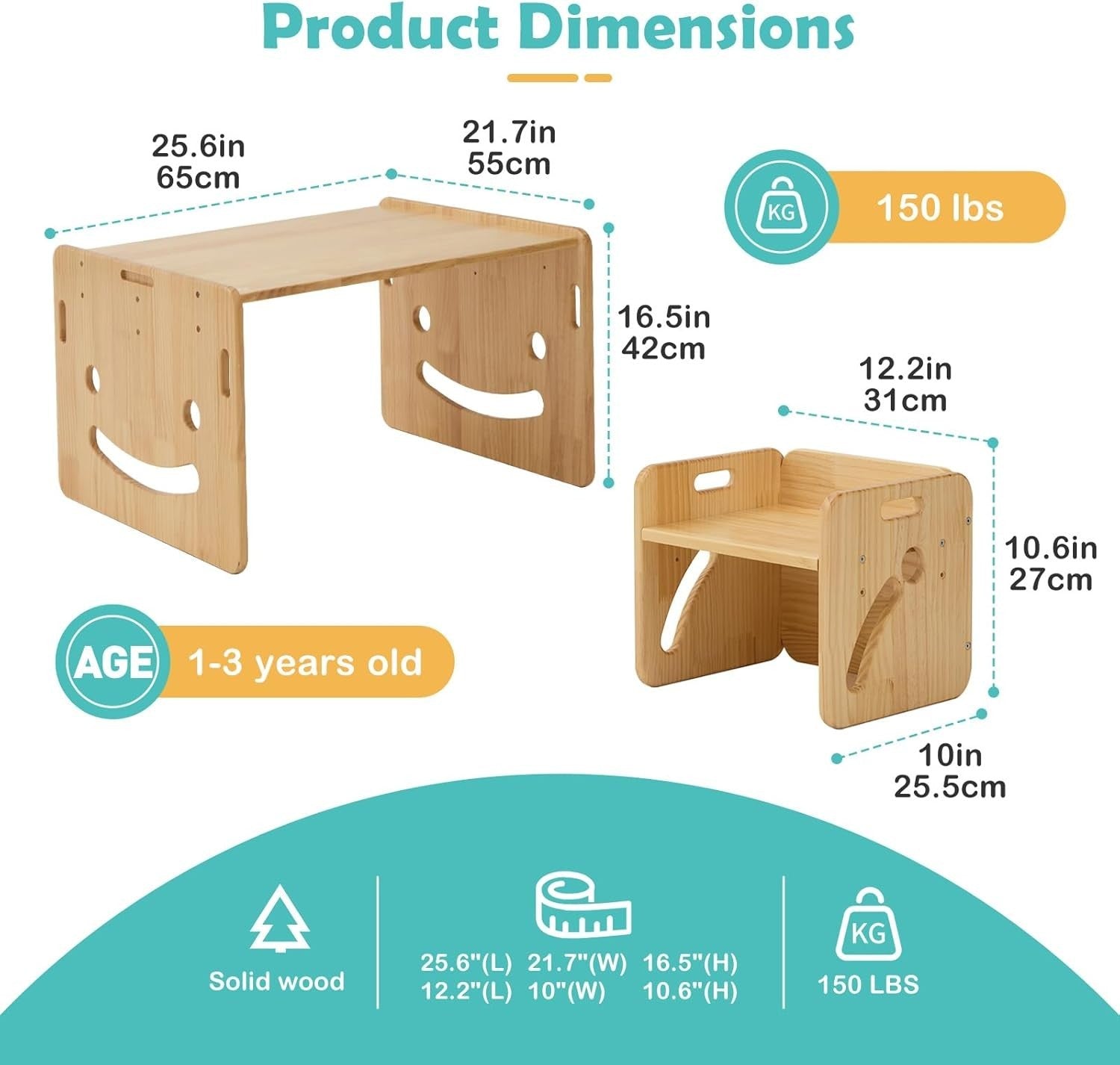 Adjustable Kids Table & Chairs Set Solid Wood Montessori Toddler Furniture