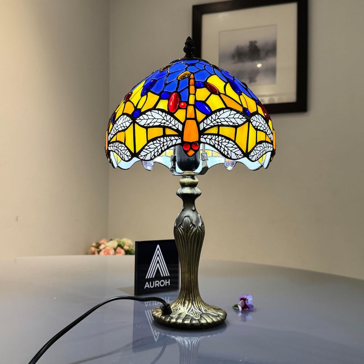 Antique Stained Glass Table Lamp Dragonfly Design Desk Light for Bedroom
