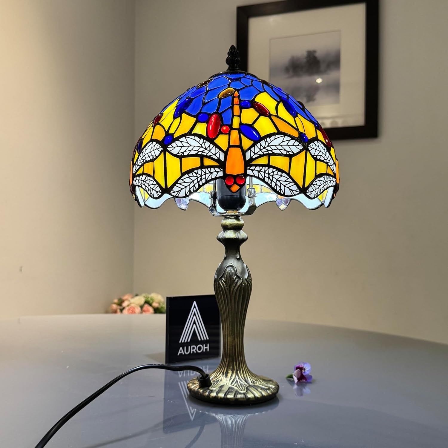 Antique Stained Glass Table Lamp Dragonfly Design Desk Light for Bedroom