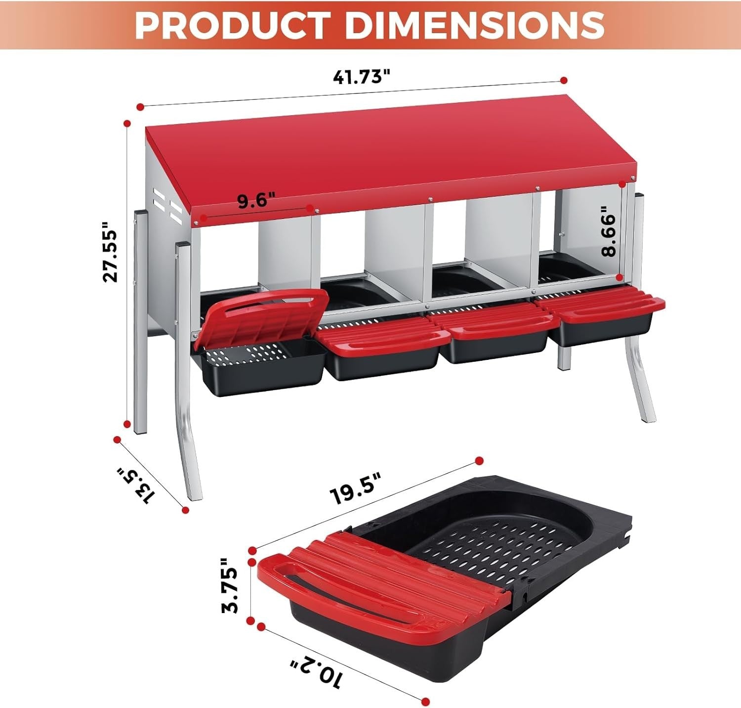 4 Chamber Galvanised Steel Chicken Nest Box Pull Out Tray Red