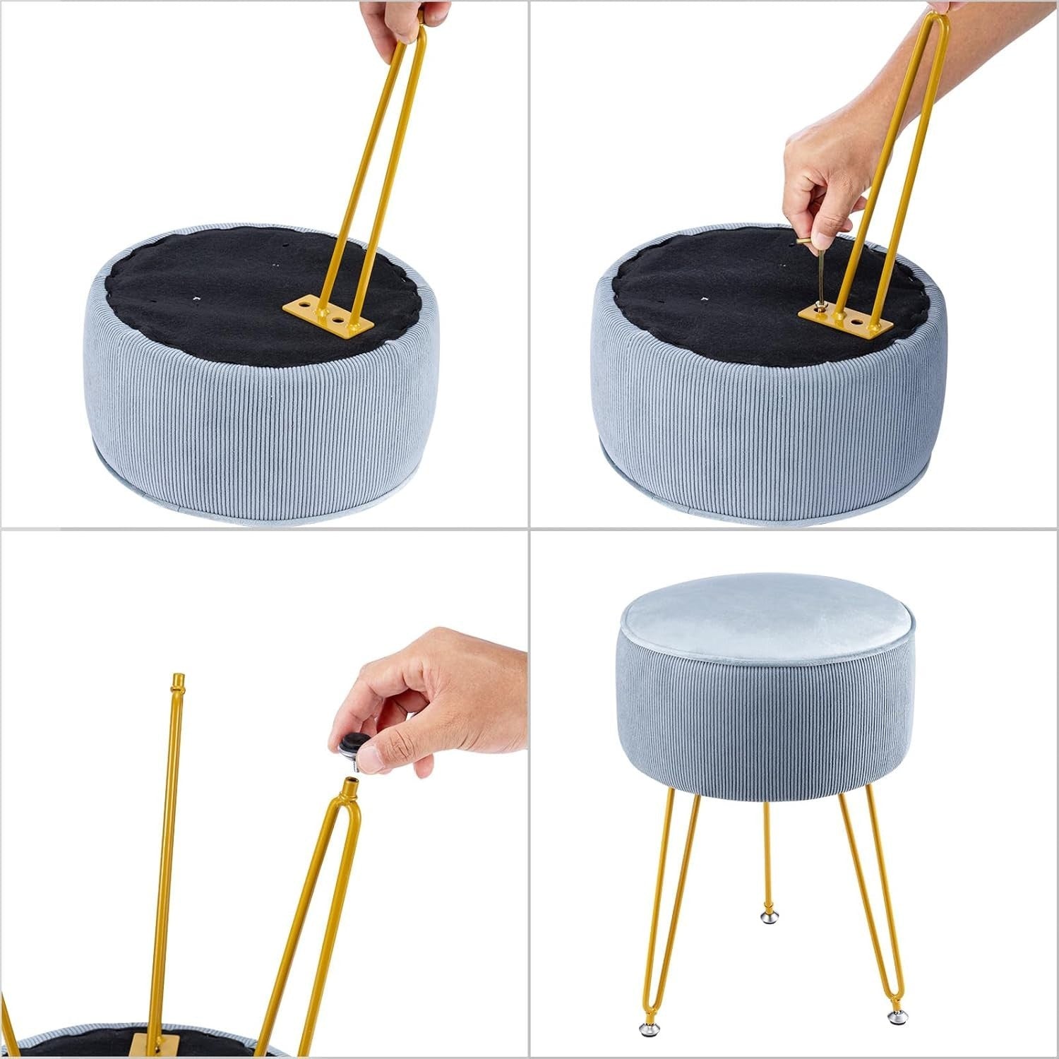 Blue Round Velvet Dressing Table Stool – Padded Vanity Seat with Golden Legs