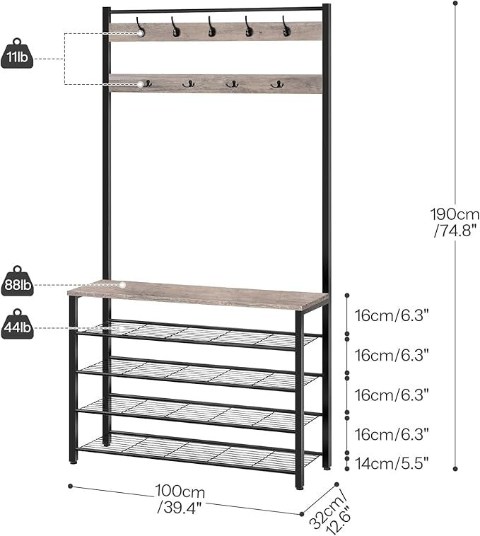 Industrial Coat Rack with Shoe Bench & 9 Hooks | Greige Hall Tree Organizer for