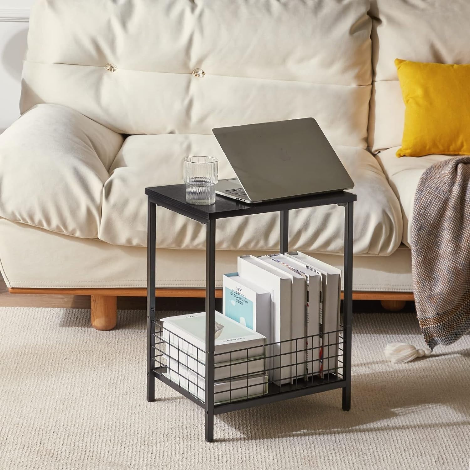 Set of 2 Black Industrial Side Tables with Storage Shelf – Sturdy & Multi-Use