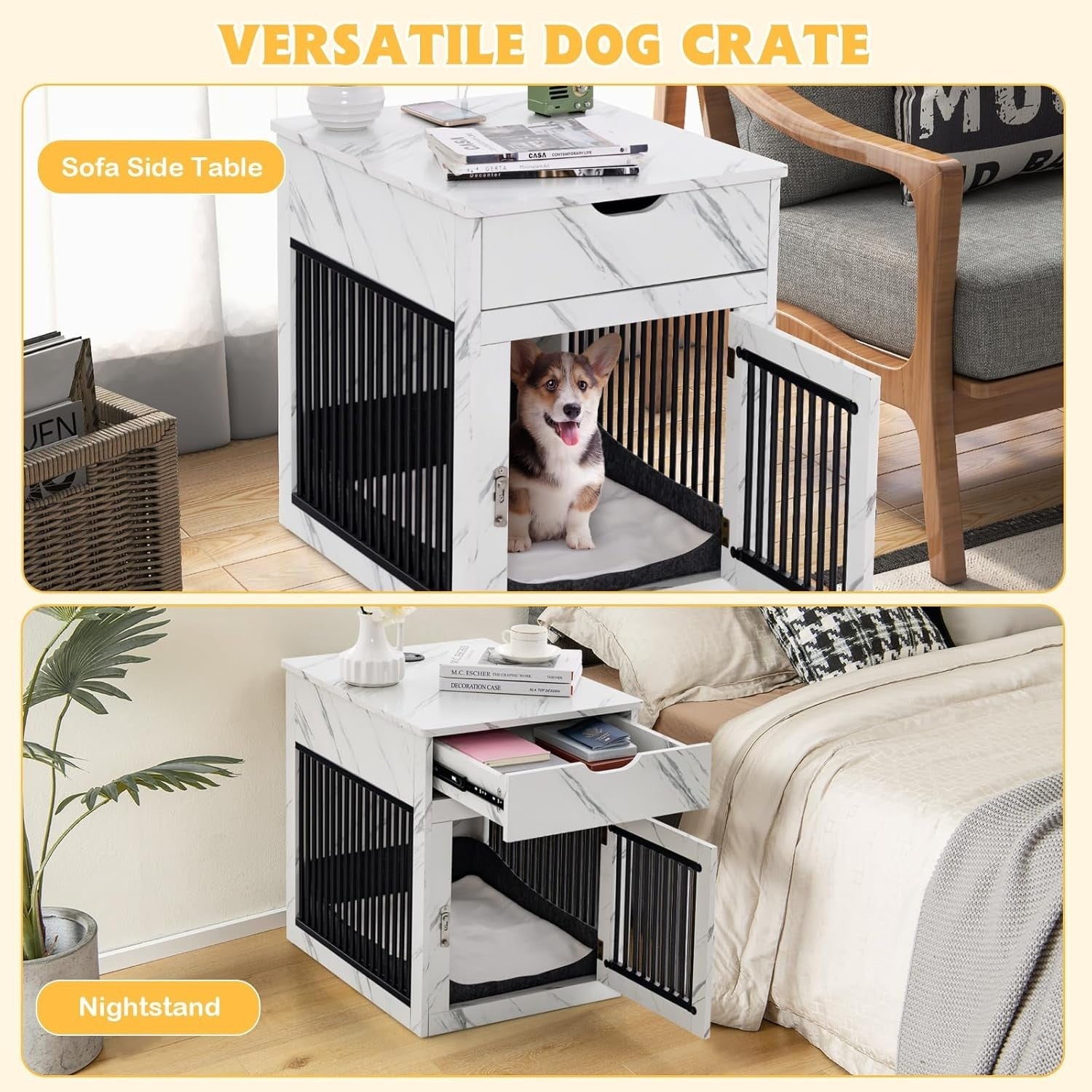 Wooden Dog Crate with Drawer & Wireless Charging Table Indoor Pet Kennel 64cm