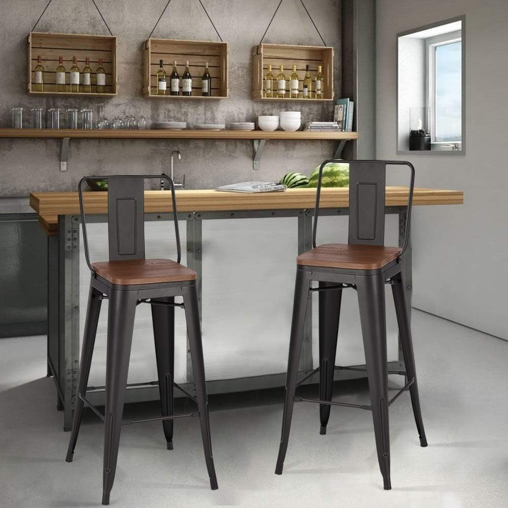Set of 6 Industrial Black Bar Stools with Backrest & Footrest – Wood & Metal