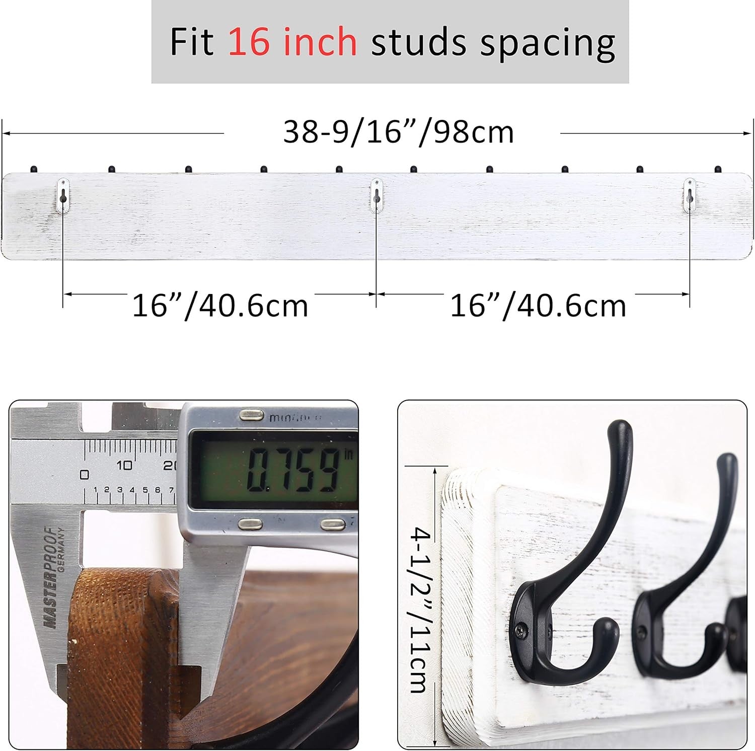 Wall Mounted Coat Rack 10 Hooks | 98cm Wooden Hanging Hook Rail Black/White