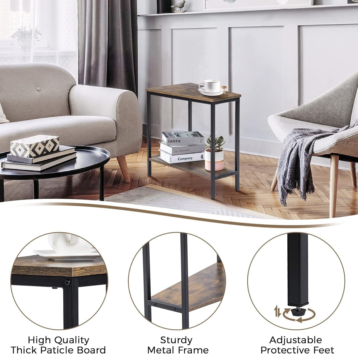 Triangle Corner End Table with Shelf – Slim Tall Side Table for Small Spaces